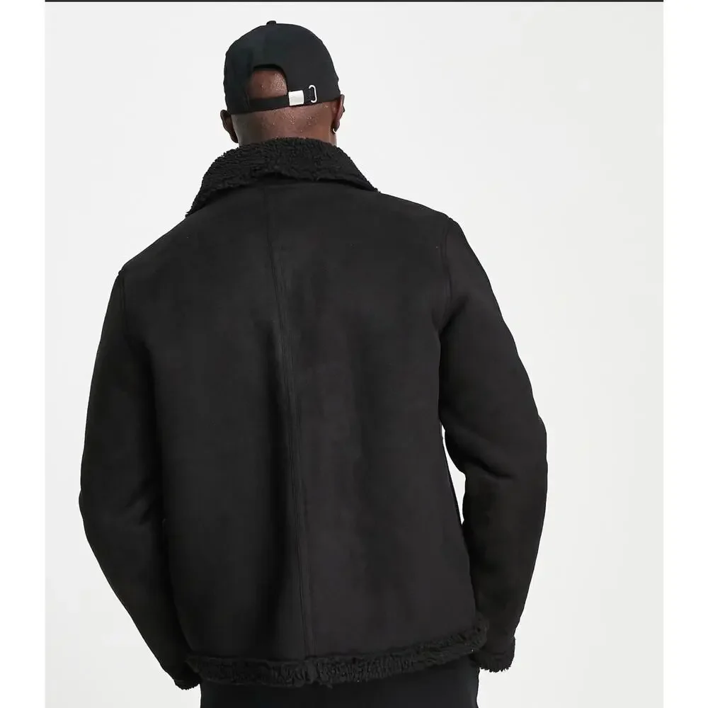 Barneys Original blk faux suede borg Lined Aviator Jacket sherpa-lined bkr sz S - Picture 3 of 13